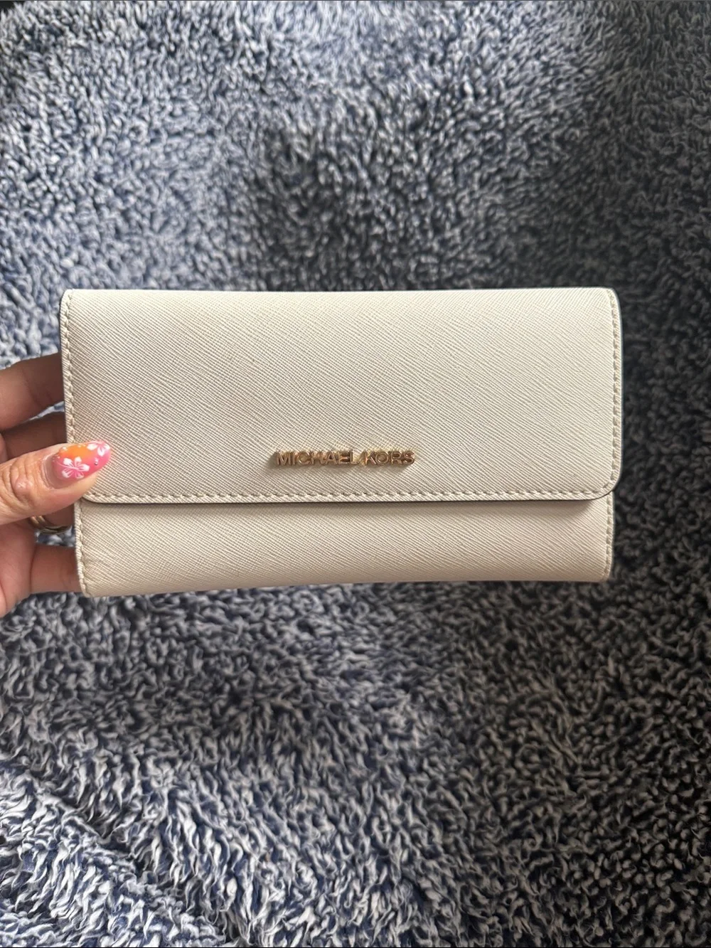 Michael Kors Light Cream Saffiano Leather Organizer Wallet with Gold Logo